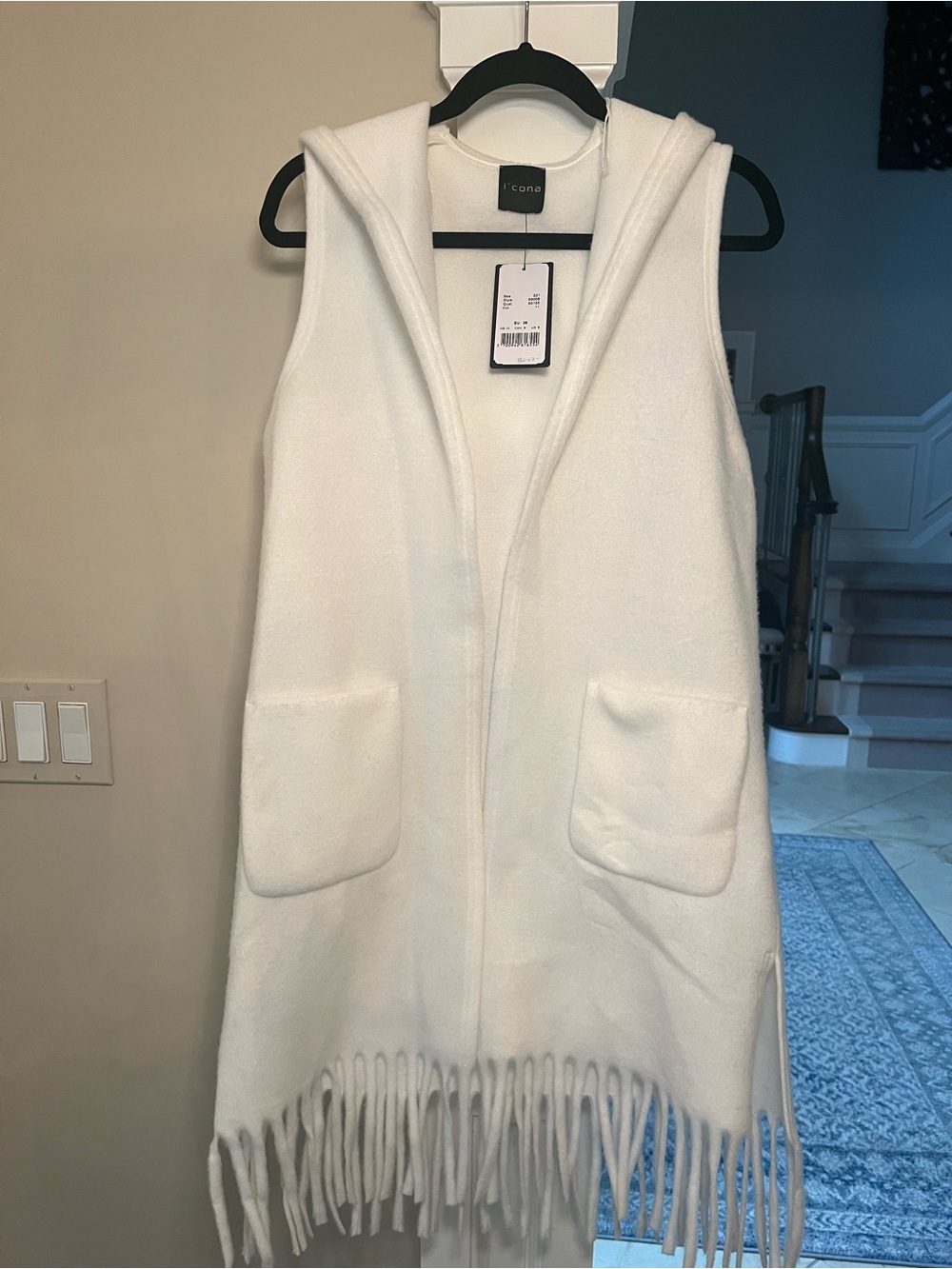 I’cona Hooded Fringe Long Vest White Size 6 NWT
